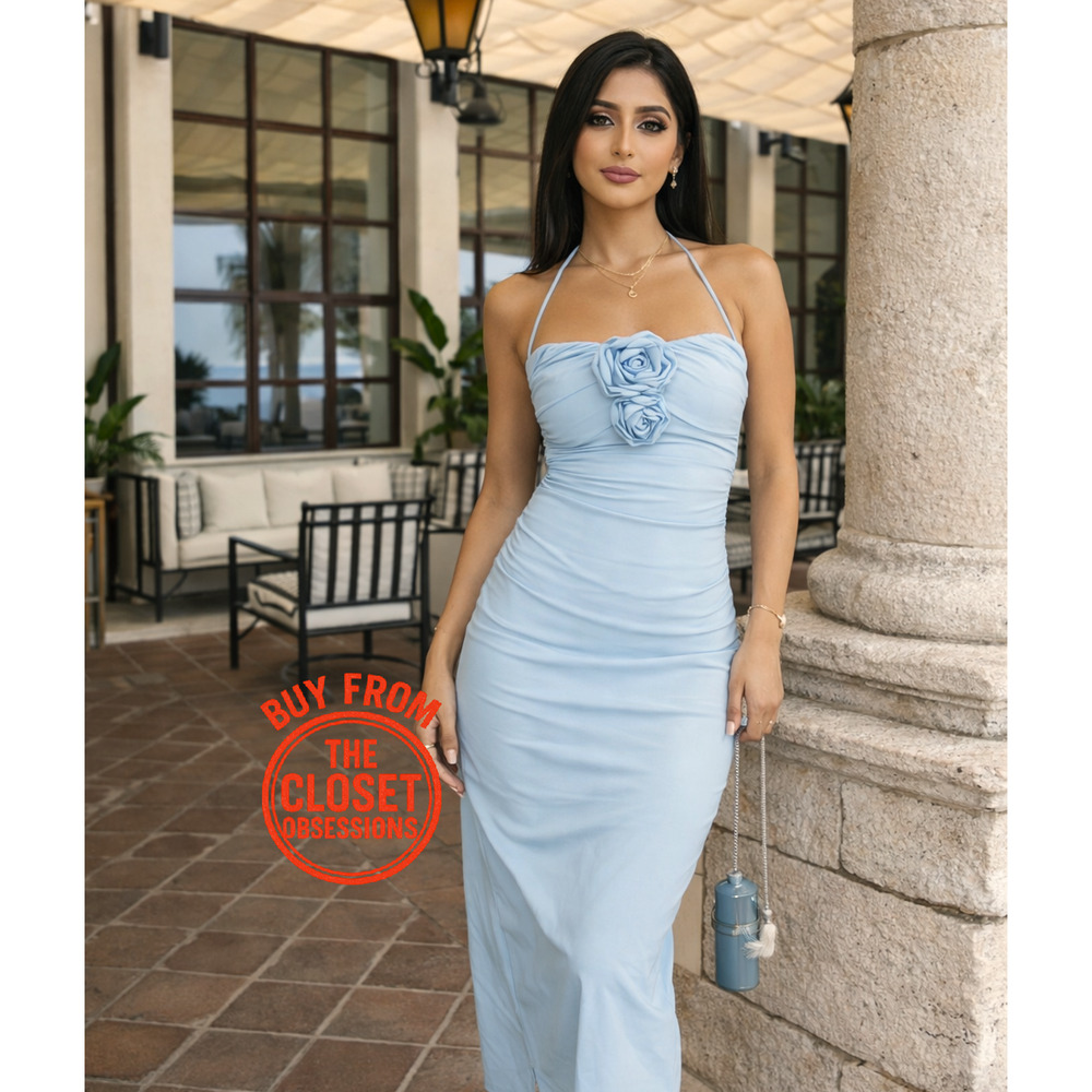 Zara NWT Sky Blue Rosette Strapless Midi Dress S XL - Picture 12 of 16